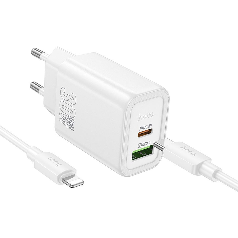 Viedtālruņa lādētājs Hoco USB A + USB C QC3.0 PD 3A 30W + kabelis USB C uz Lightning N63 balta