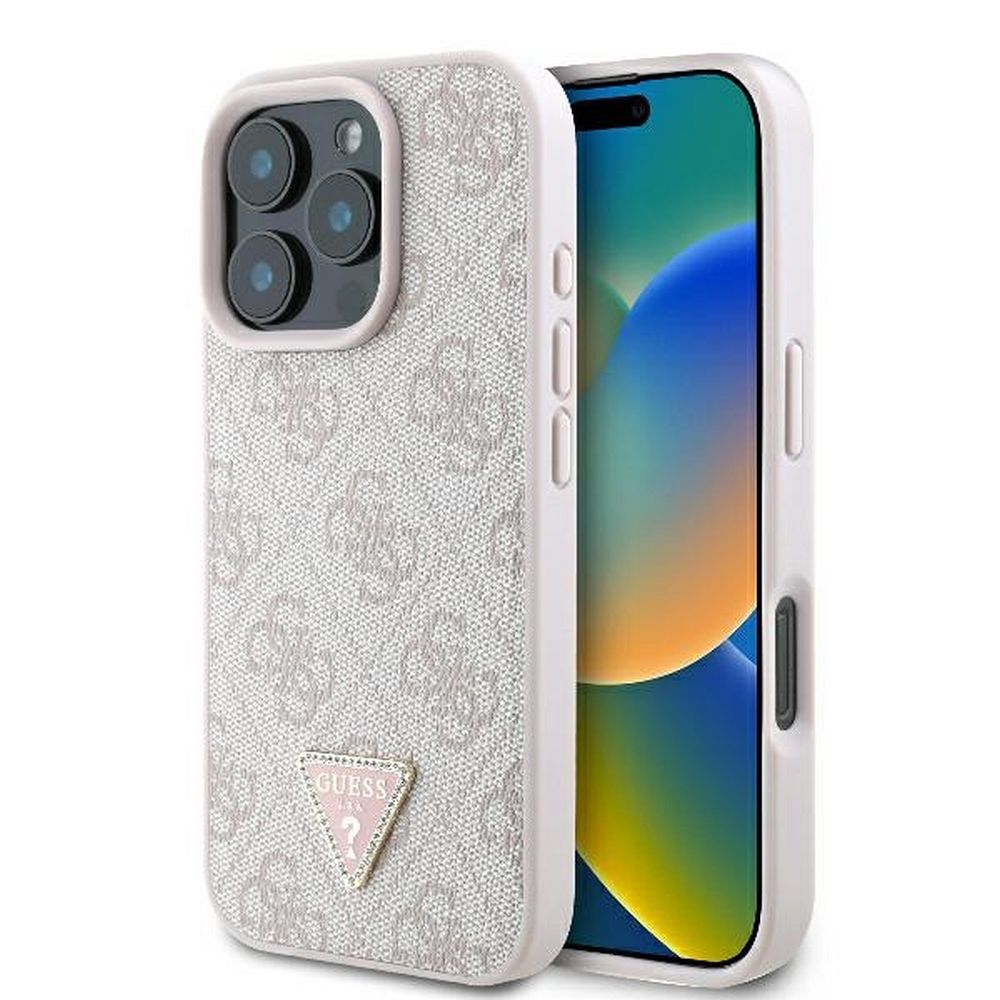 Guess Ādas 4G Trīsstūra Strass Magnētiskais viedtālruņa apvalks iPhone 16 Pro Max - rozā