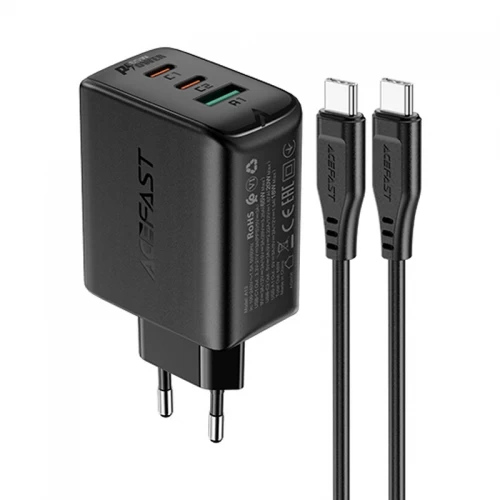 Lādētājs Acefast A13 melns 65W (2xPD / 1xQC3.0) + Type-C / Type-C 120cm kabelis