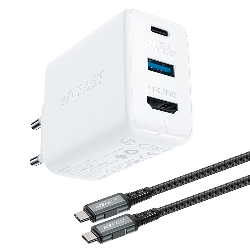 Acefast 2in1 lādētājs GaN 65W USB Type C / USB, HDMI adapteris 4K @ 60Hz (komplekts ar kabeli) balts (A17 balts)