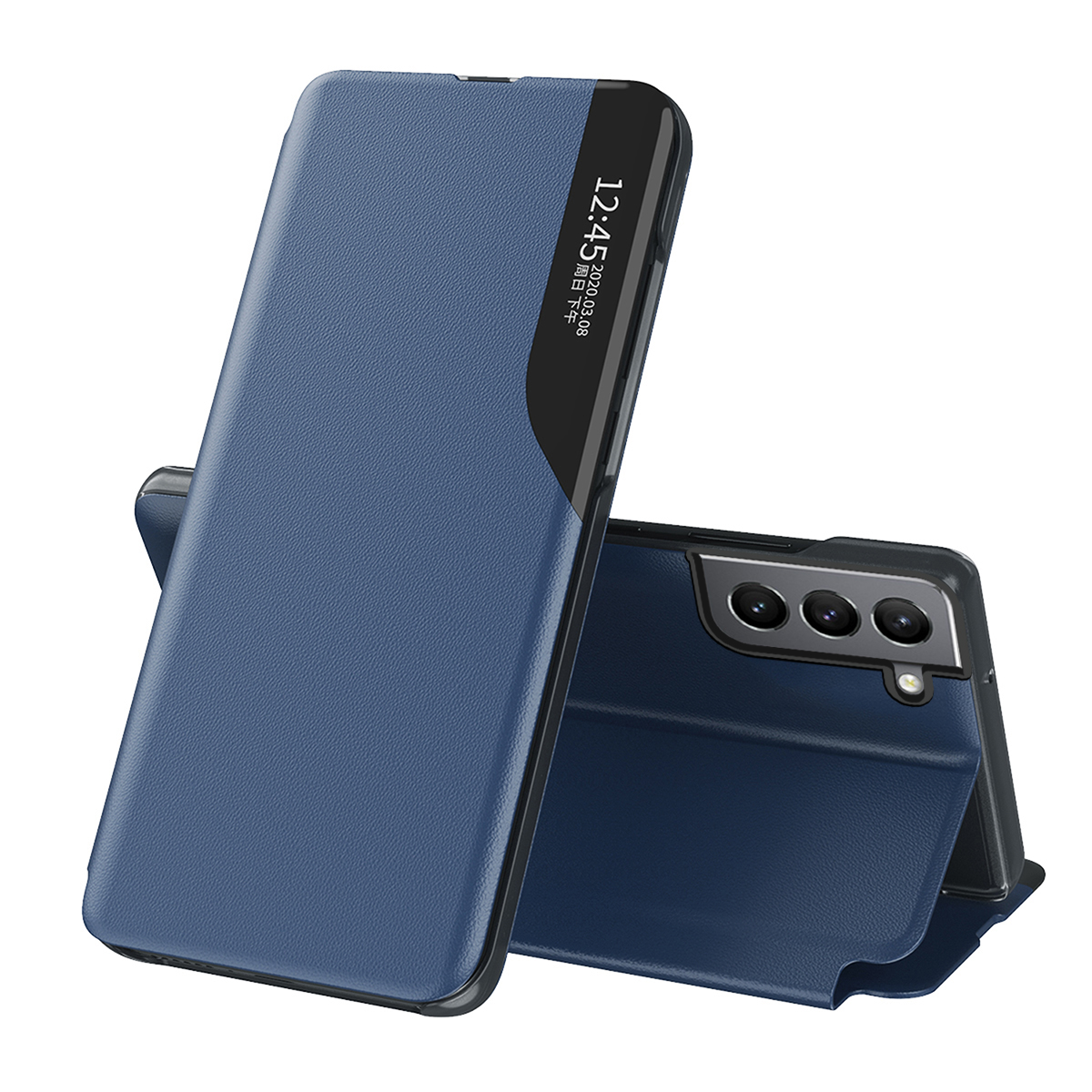 Eco Leather View apvalks ar atveramu vāku un statīva funkciju Samsung Galaxy S22 + (S22 Plus) zils