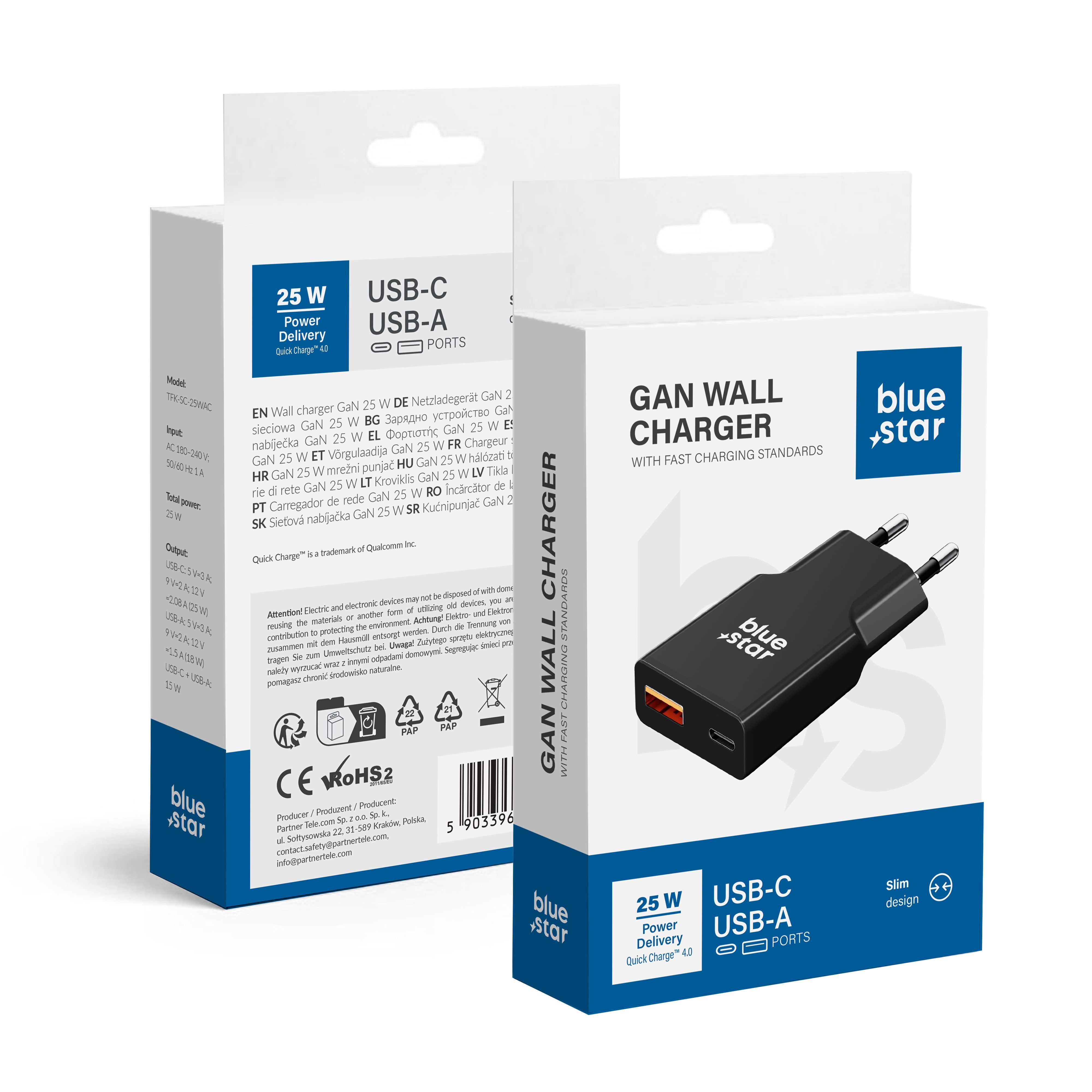 Ceļojumu lādētājs Blue Star Slim GaN 1x Type C + 1x USB A PD QC4.0 3A 25W melns