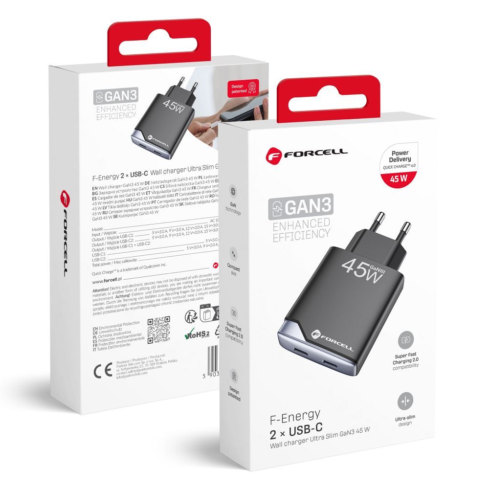 FORCELL F-ENERGY GaN III B245201(2C) īpaši plāns ceļojumu lādētājs 2 x Type C + USB A PD QC4.0 3A 45W melns