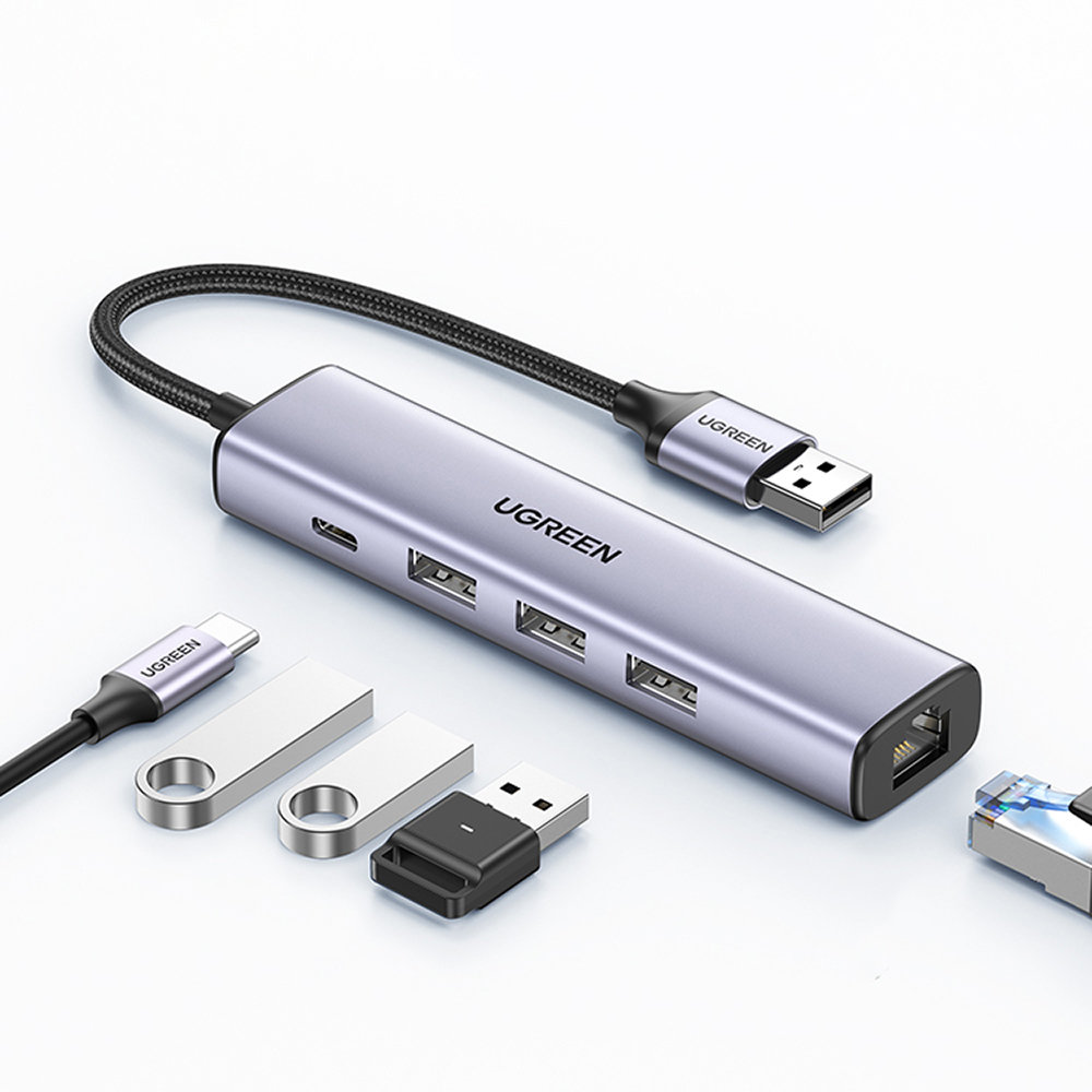 Ugreen CM475 daudzfunkcionāls sadalītājs USB 3.0 - 3x USB / Ethernet RJ-45 / USB Type-C PD - pelēks