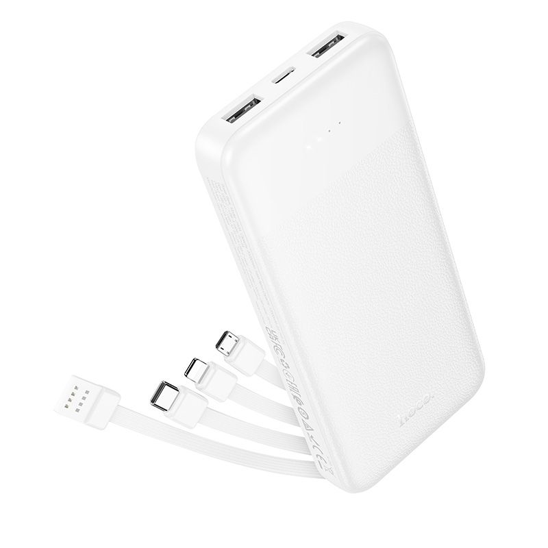 Portatīvais lādētājs Hoco 10000 mAh 2A ar četriem iebūvētiem kabeļiem USB A + USB C + Lightning + Micro USB J163 balts