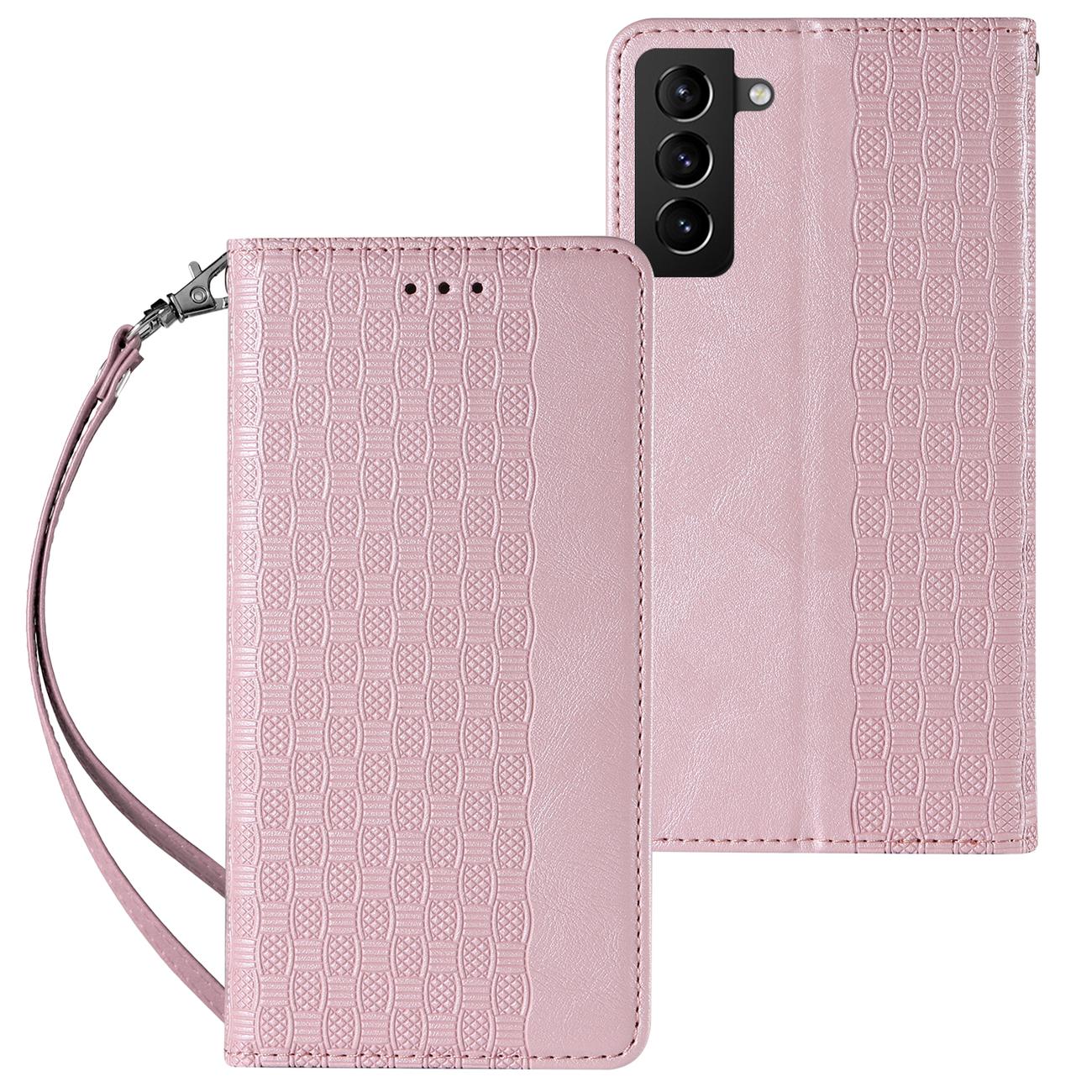 Magnētiskais apvalks Samsung Galaxy S22+ (S22 Plus) ar siksniņu, maku un mazā piekariņa - rozā