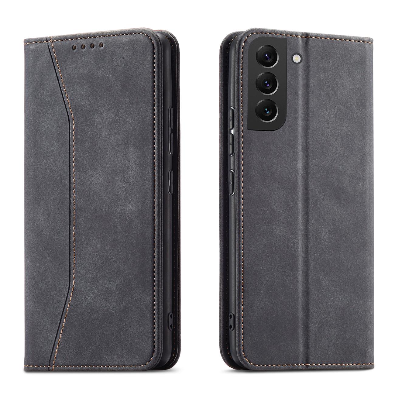 Magnet Fancy viedtālruņa apvalks Samsung Galaxy S22+ (S22 Plus) ar maku un karšu turētāju, melns