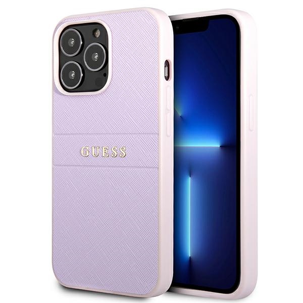 Guess GUHCP13LPSASBPU viedtālruņa apvalks iPhone 13 Pro / 13 6.1" violets Saffiano ar karsto spieduma un metāla logotipu