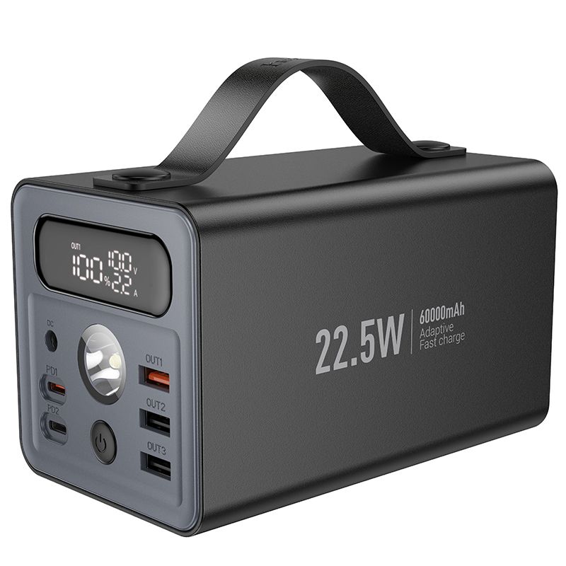 Portatīvais lādētājs Hoco 60000 mAh QC PD 3A 22,5W DC12V ar iebūvētu gaismu J138 melns