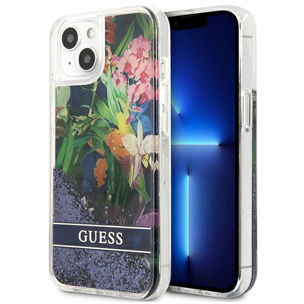 Guess GUHCP13SLFLSB iPhone 13 mini 5.4" zils cietais apvalks ziedu šķidrs spīdums