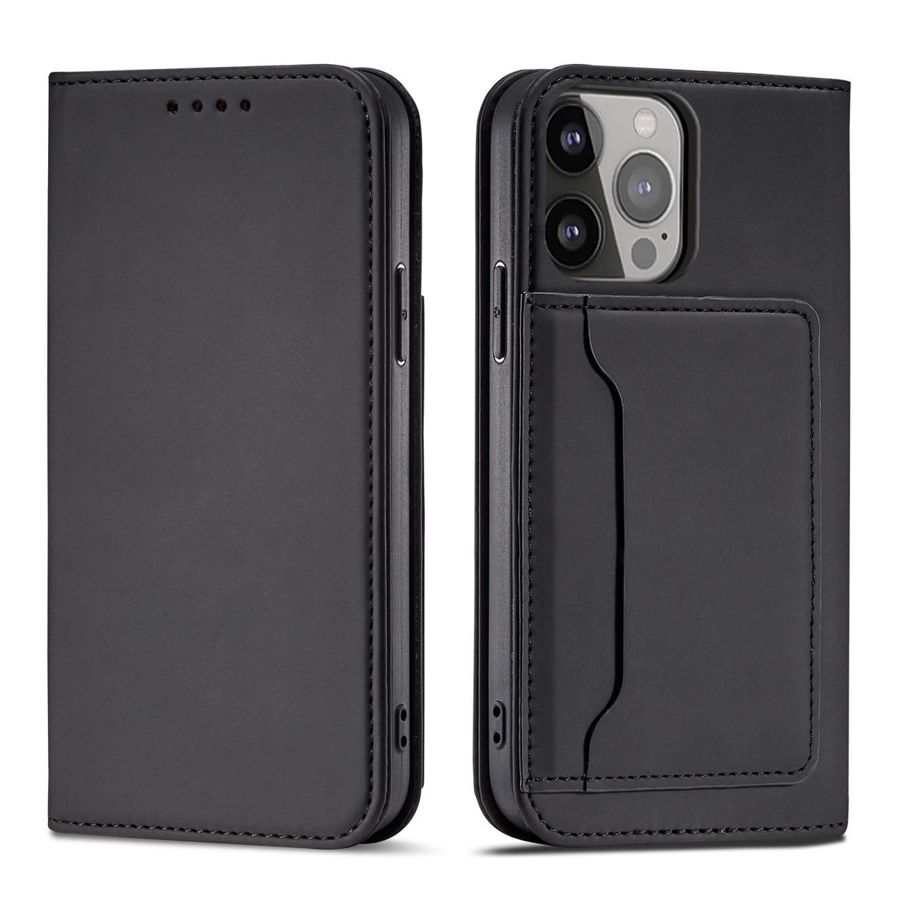 Magnet Card viedtālruņa apvalks iPhone 14 Plus atverams vāciņš maks ar statīvu melns