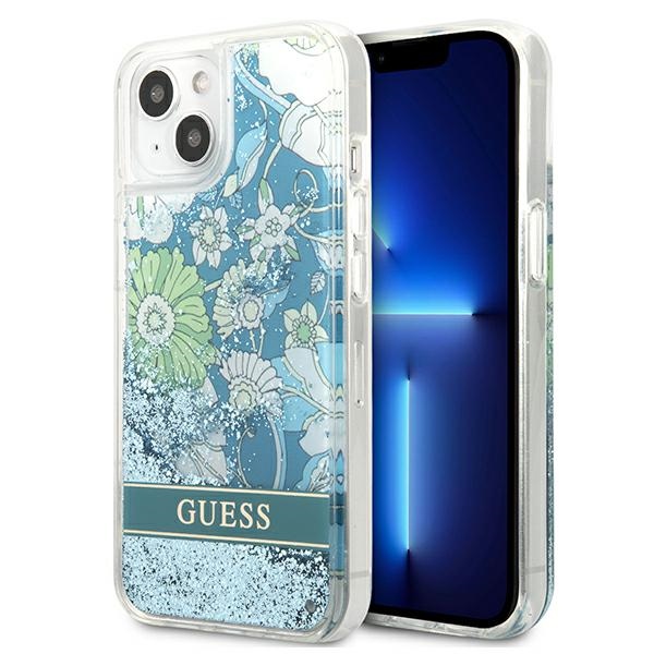 Guess GUHCP13SLFLSN iPhone 13 mini 5.4" zaļš/zaļš cietais viedtālruņa apvalks ar ziedu šķidro spīdumu
