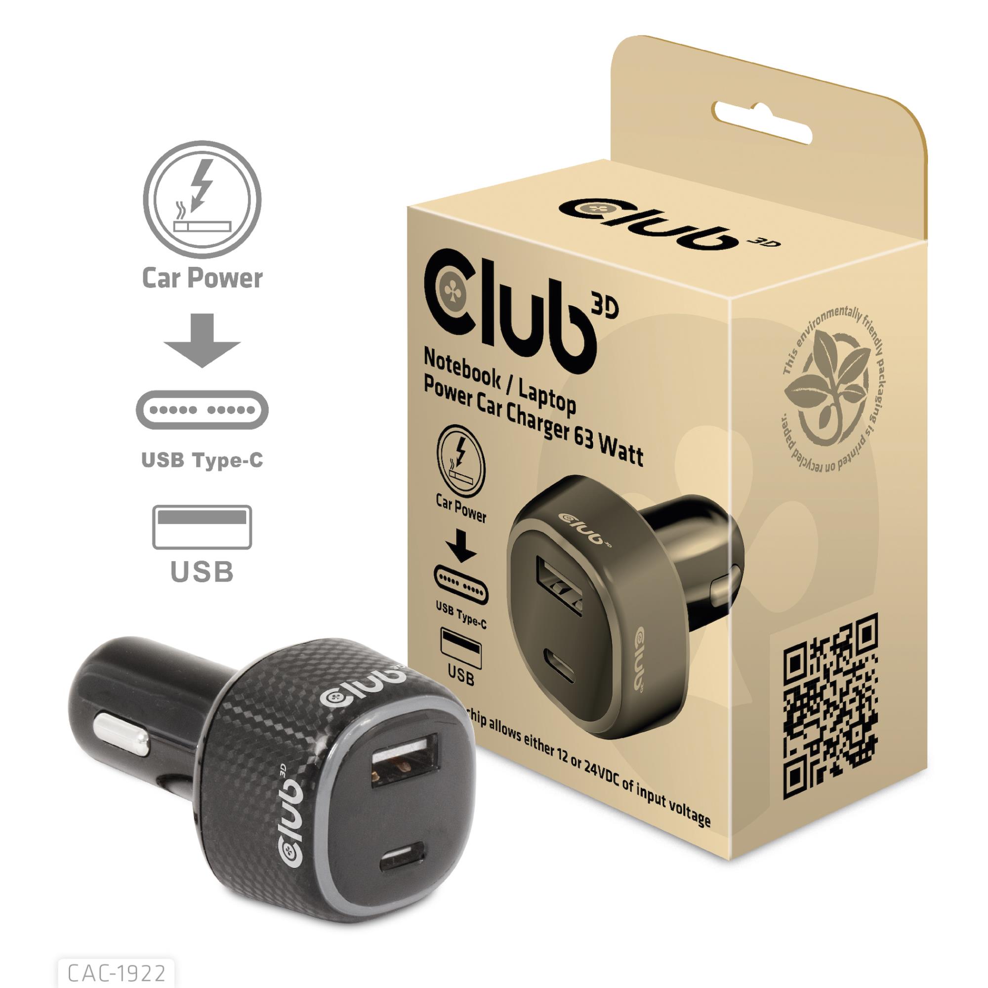 Portatīvā datora auto lādētājs USB+USB-C 63W CAC-1922 Club3D
