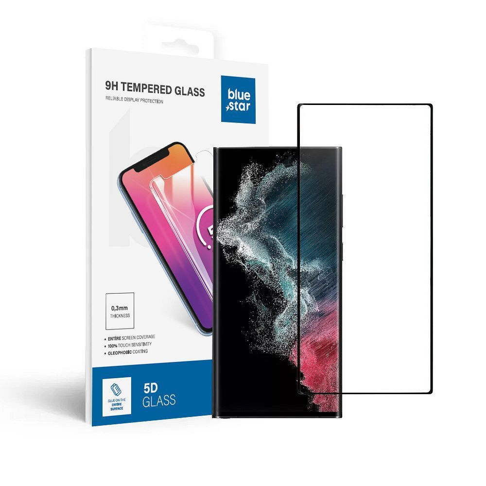 Aizsargstikls Blue Star - SAMSUNG Galaxy S22 Ultra ar pilnu ekrānu (ar pilnu līmējumu, piemērots korpusam) - melns