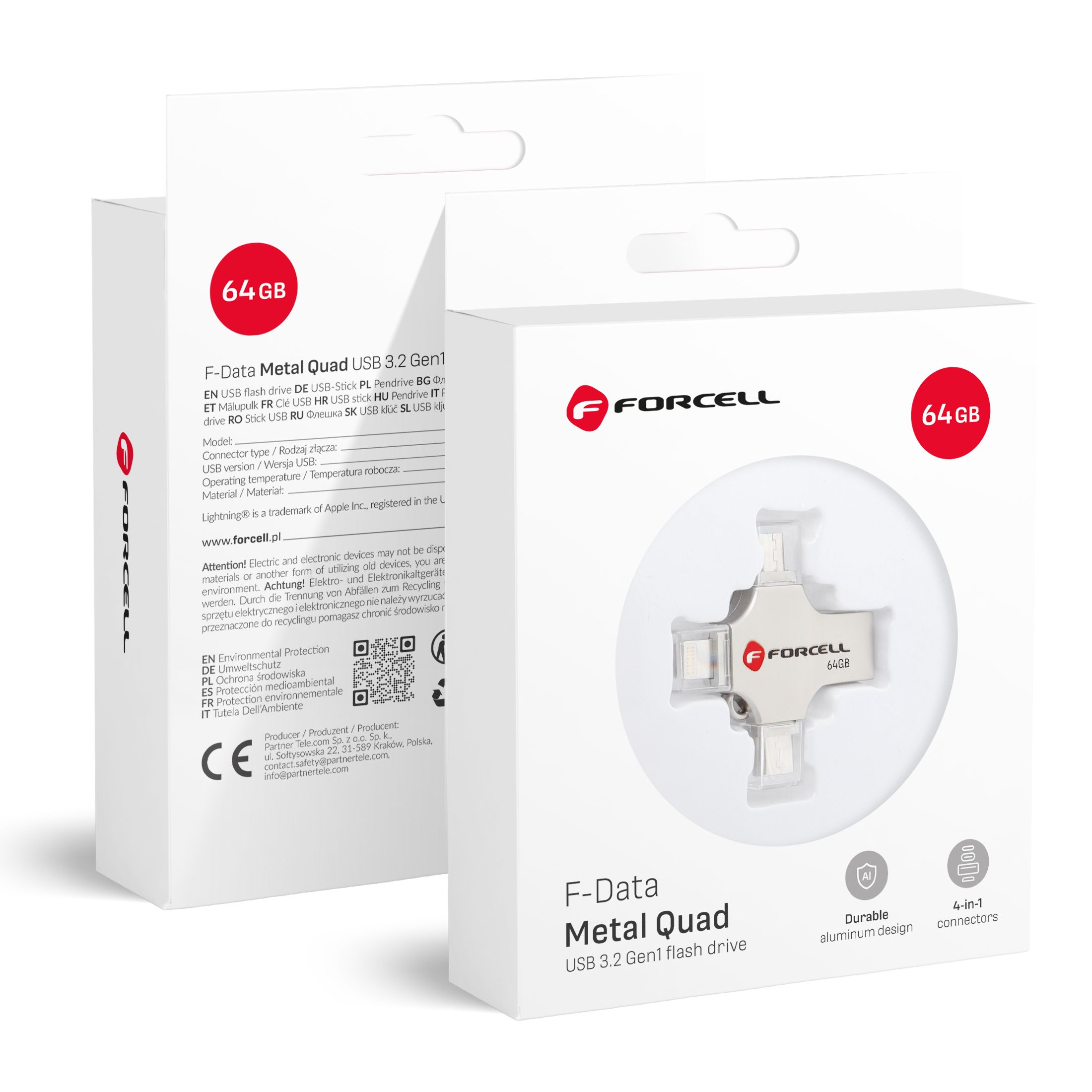 FORCELL F-DATA USB zibatmiņa Metal Quad 64GB USB3.2 Gen 1 (USB A / Type C / Lightning / Micro USB) sudraba