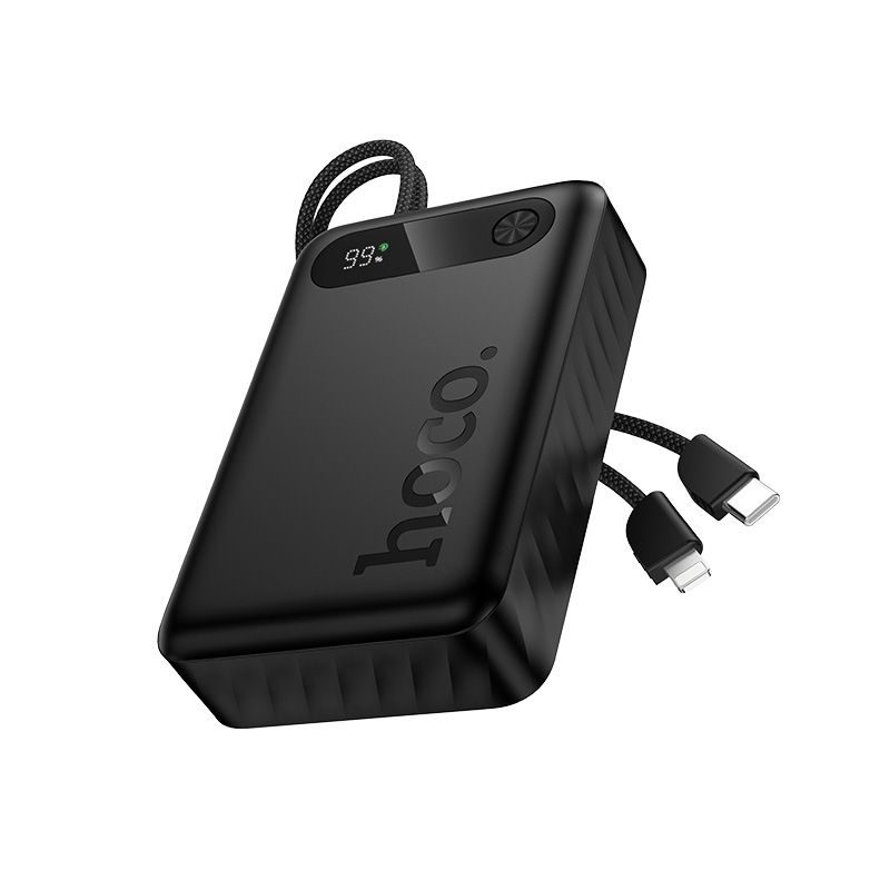 Portatīvais lādētājs Hoco 20000 mAh QC PD 2A 22,5W ar iebūvētiem kabeļiem USB C + Lightning J171A melns