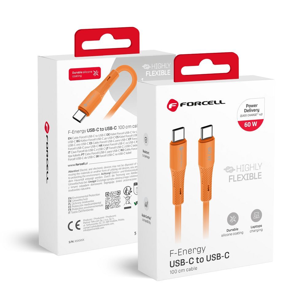 Kabeļa savienojums no USB C uz USB C Forcell F-Energy QC4.0 PD 3A 60W silikona 1 m C344 oranžs