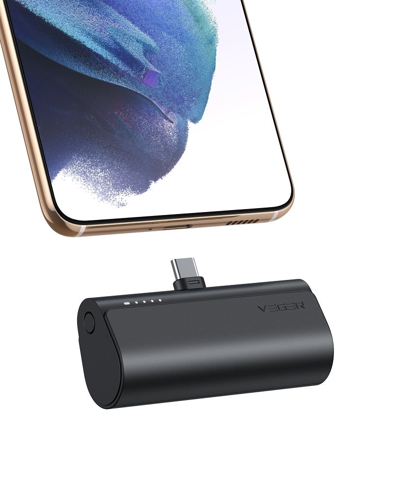 VEGER Portatīvais lādētājs 5000 mAh ar iebūvētu savienotāju Type C PD QC3.0 3A 20W PlugOn (W0556) melns