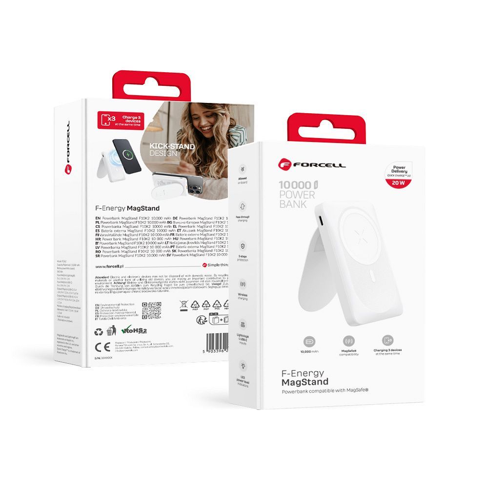 Portatīvais lādētājs saderīgs ar MagSafe Forcell F-Energy MagStand F10K2 QC3.0 PD 5A 20W 10000 mAh balta