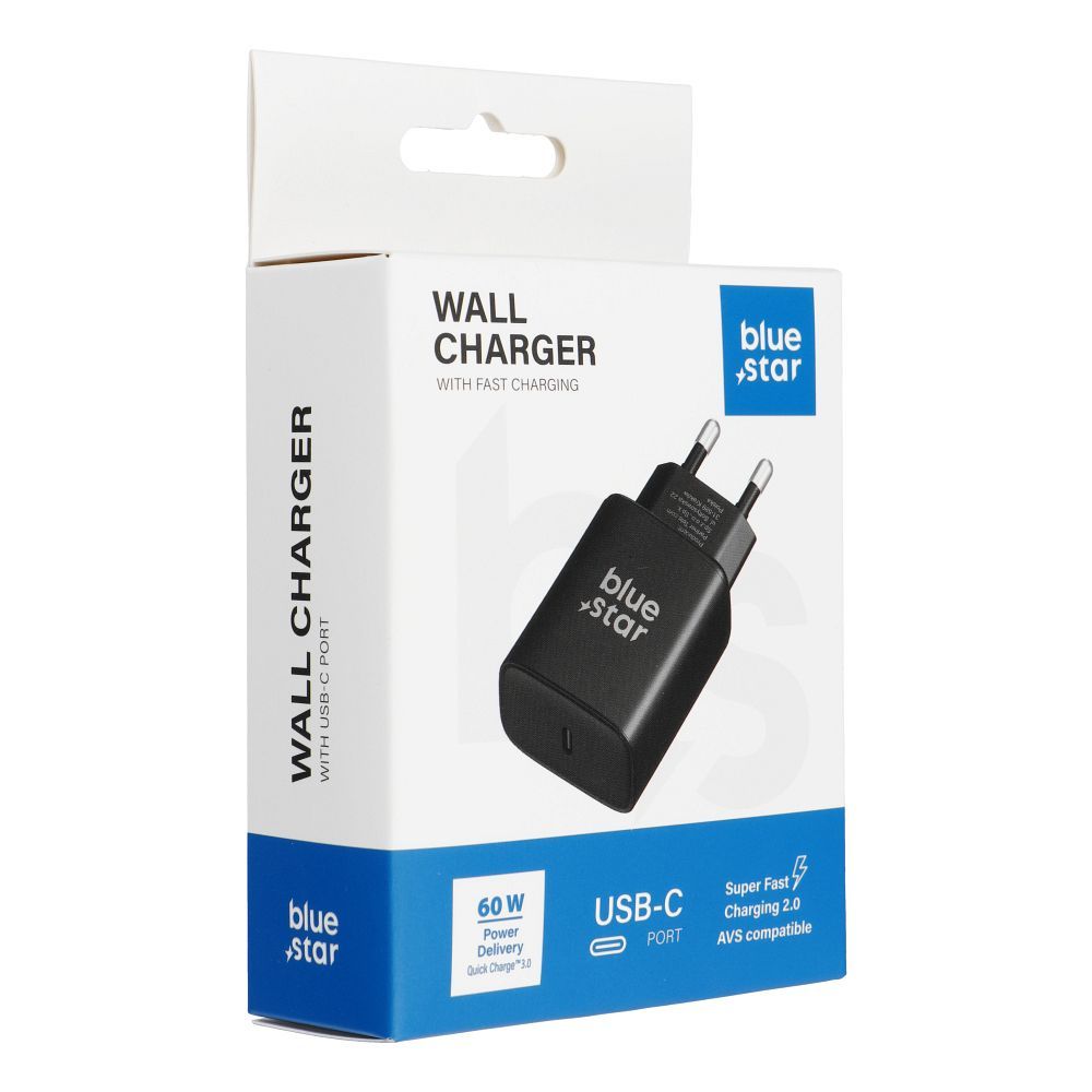 Blue Star USB-C lādētājs (iPhone 17 Pro / Pro Max) SFC 2.0 3A 60W, melns