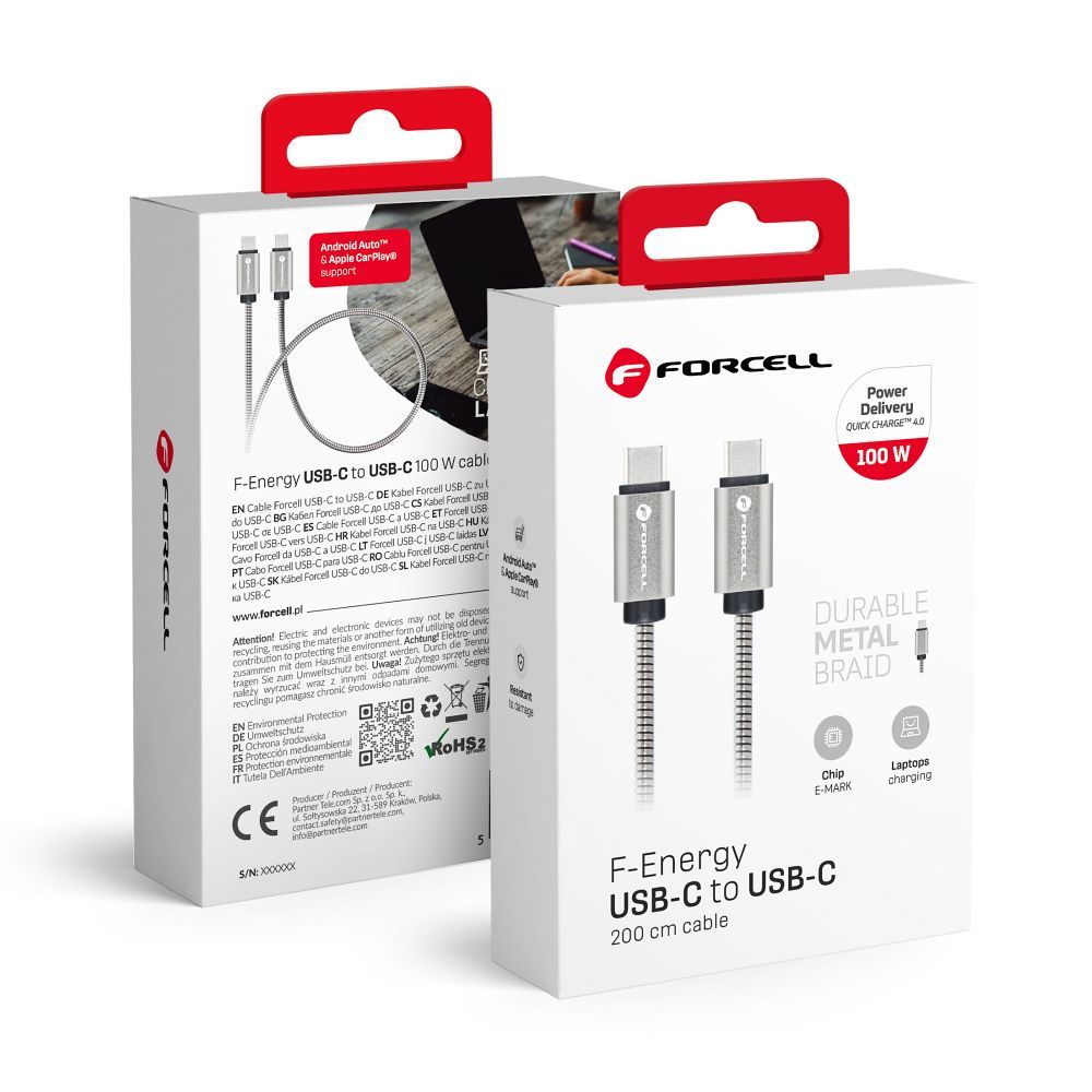 Kabelis (m) Metālisks C239 kabelis Type C uz Type C PD QC4.0 5A 100W E-mark 2 m sudrabains