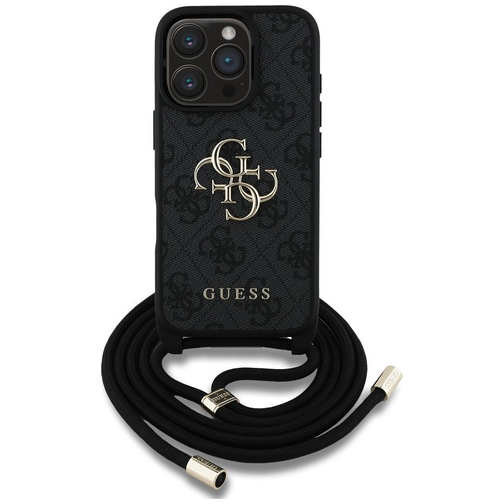 Guess 4G Big Logo Cord Stap viedtālruņa apvalks iPhone 16 Pro - melns
