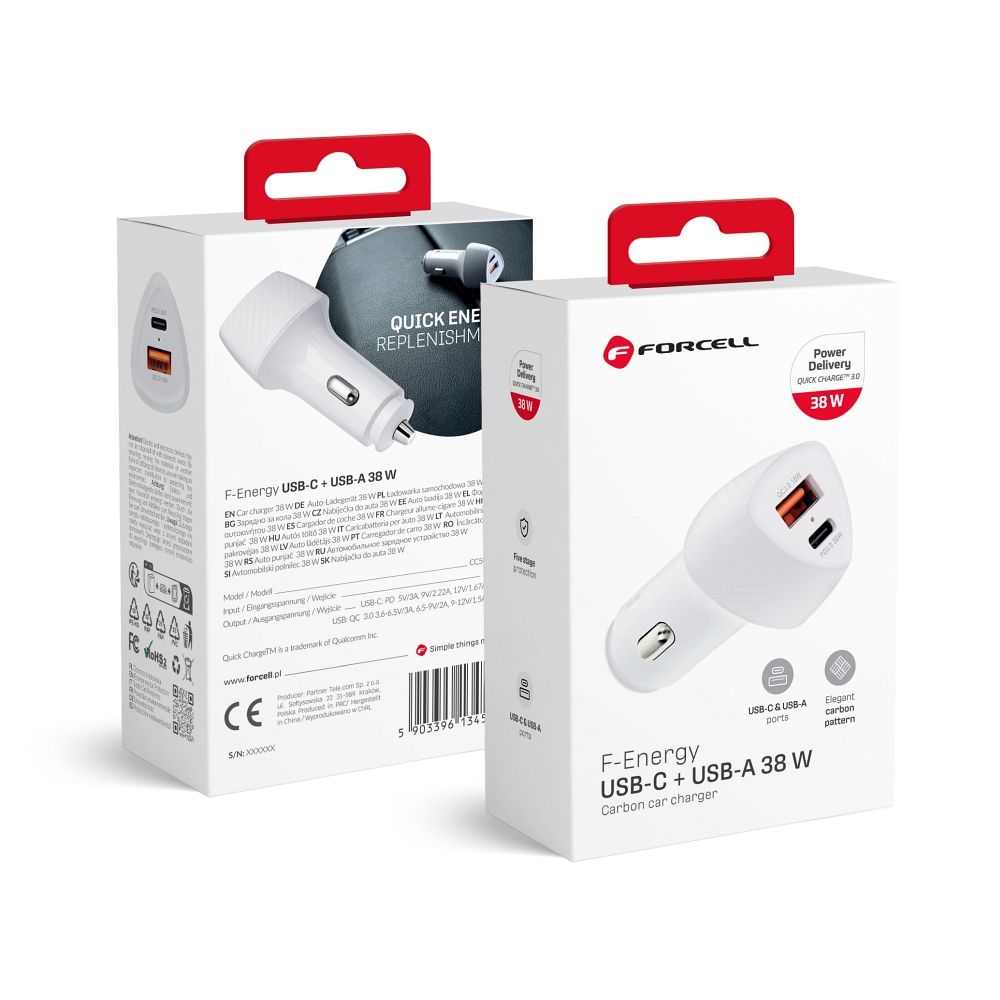 FORCELL F-ENERGY Carbon CC50-1A1C automašīnas lādētājs Type C + USB A PD QC3.0 3A 38W balts