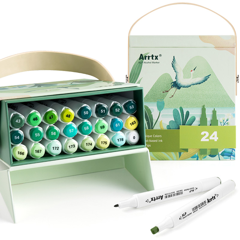 Double-sided Marker Pens ARRTX Alp, 24 Colours, zaļš tone shade