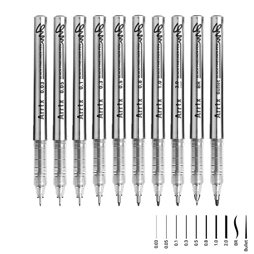 Acrylic Fineliner Pens ARRTX, Melns, 10pcs