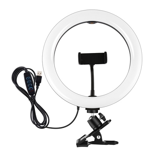 LED gredzena lampa 26cm ar telefona turētāju un stiprinājuma skavu, USB