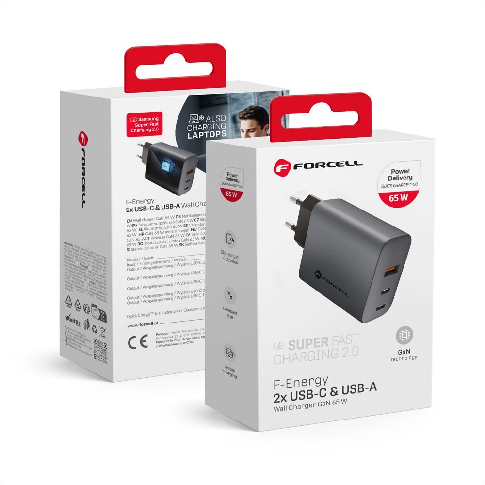 FORCELL F-ENERGY GaN VT-42B pelēks ceļojuma lādētājs 2 x Type C + USB A PD QC4.0 4A 65W ar PD