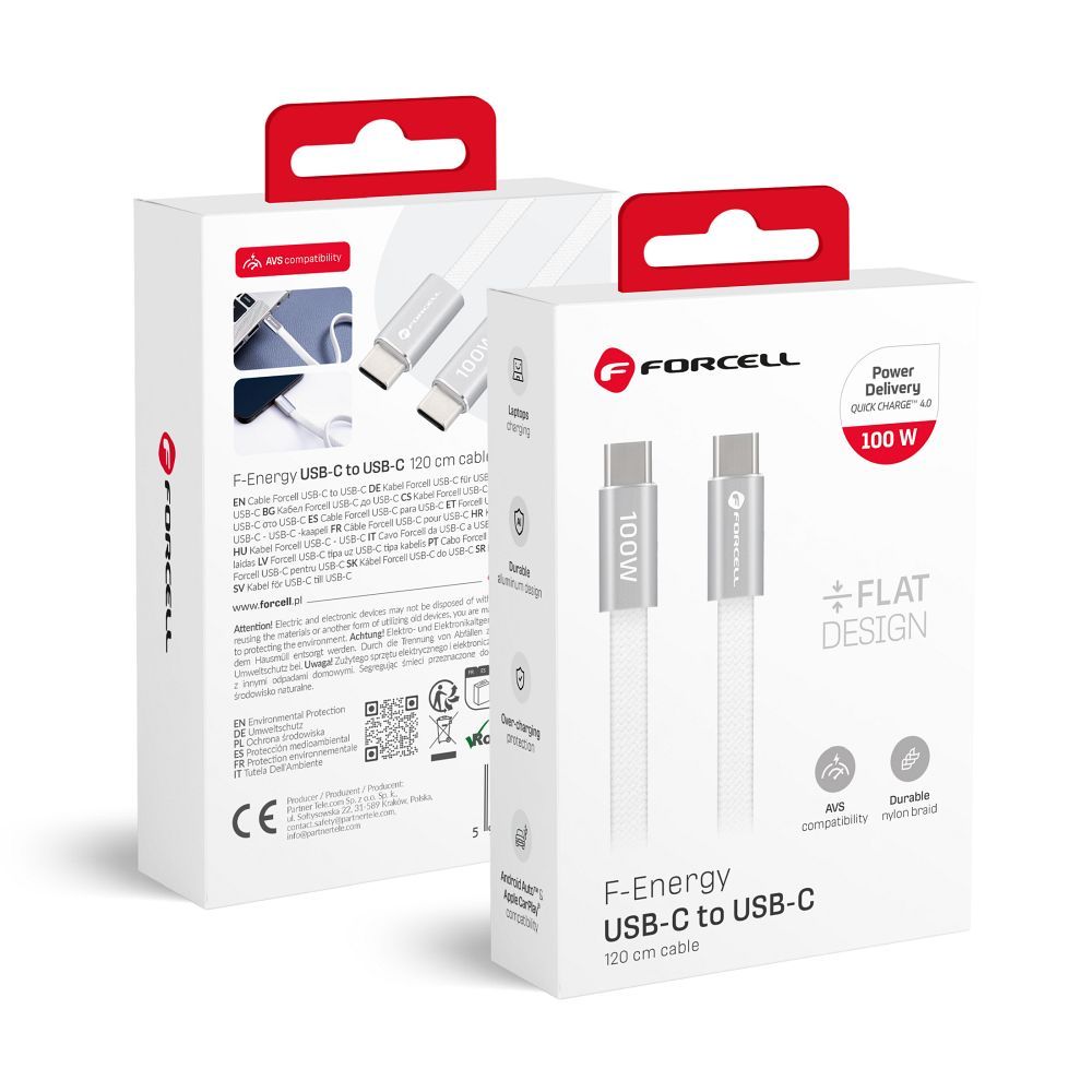 Kabelis USB C uz USB C Forcell F-Energy QC4.0 PD 5A 100W Cafule Flat 1,2m CCFN23 balts