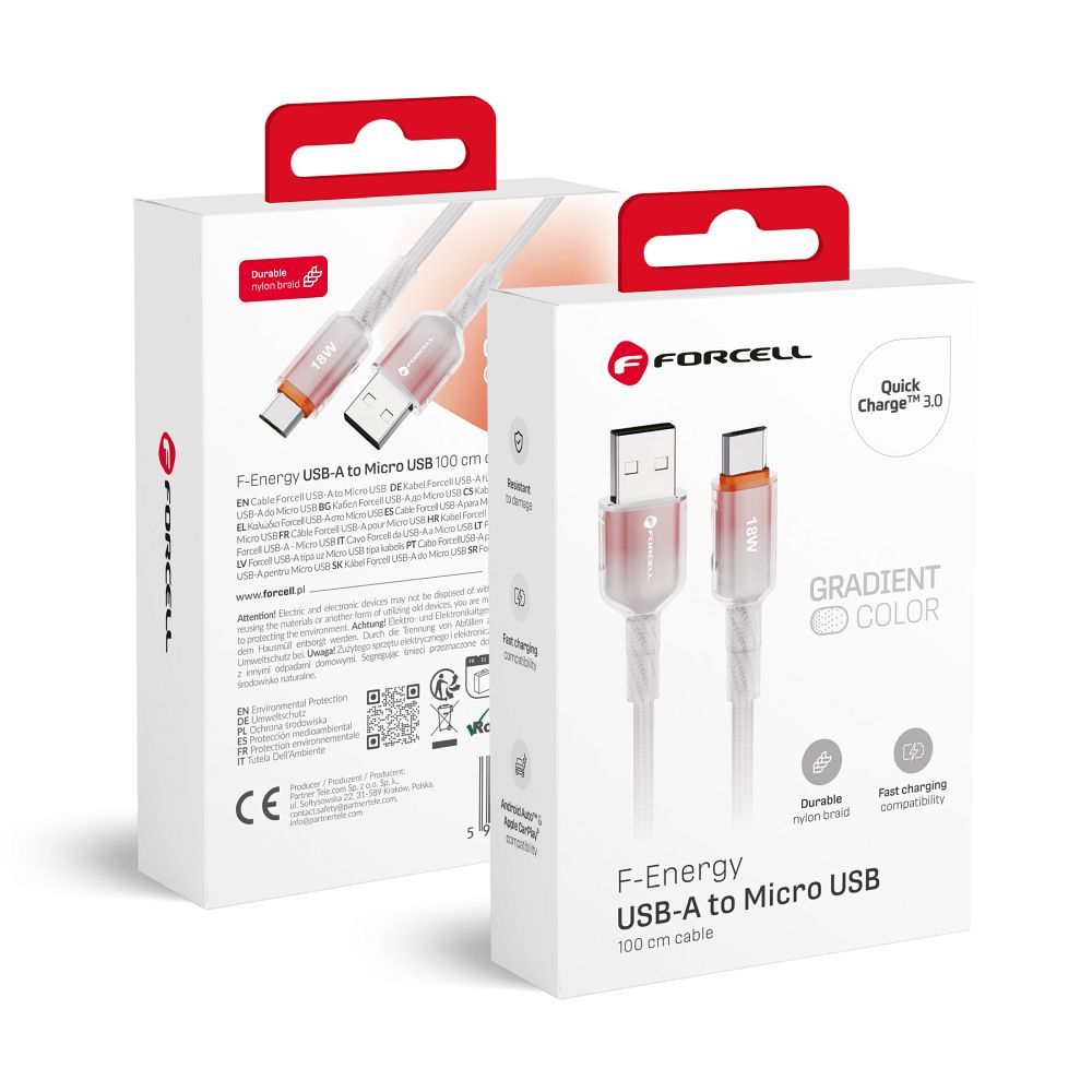 Kabelis FORCELL F-ENERGY C351 USB A uz Micro USB QC3.0 2,4A 18W Gradient 1 m balts (m)