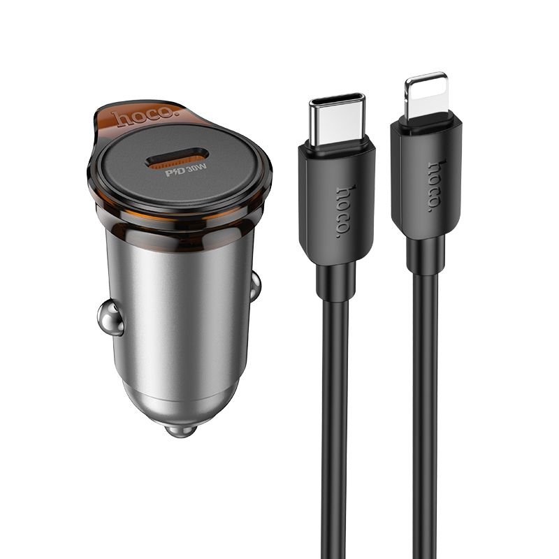 Automobiļa lādētājs Hoco USB C QC PD 30W + kabelis USB C uz Lightning NZ16 metāla pelēks