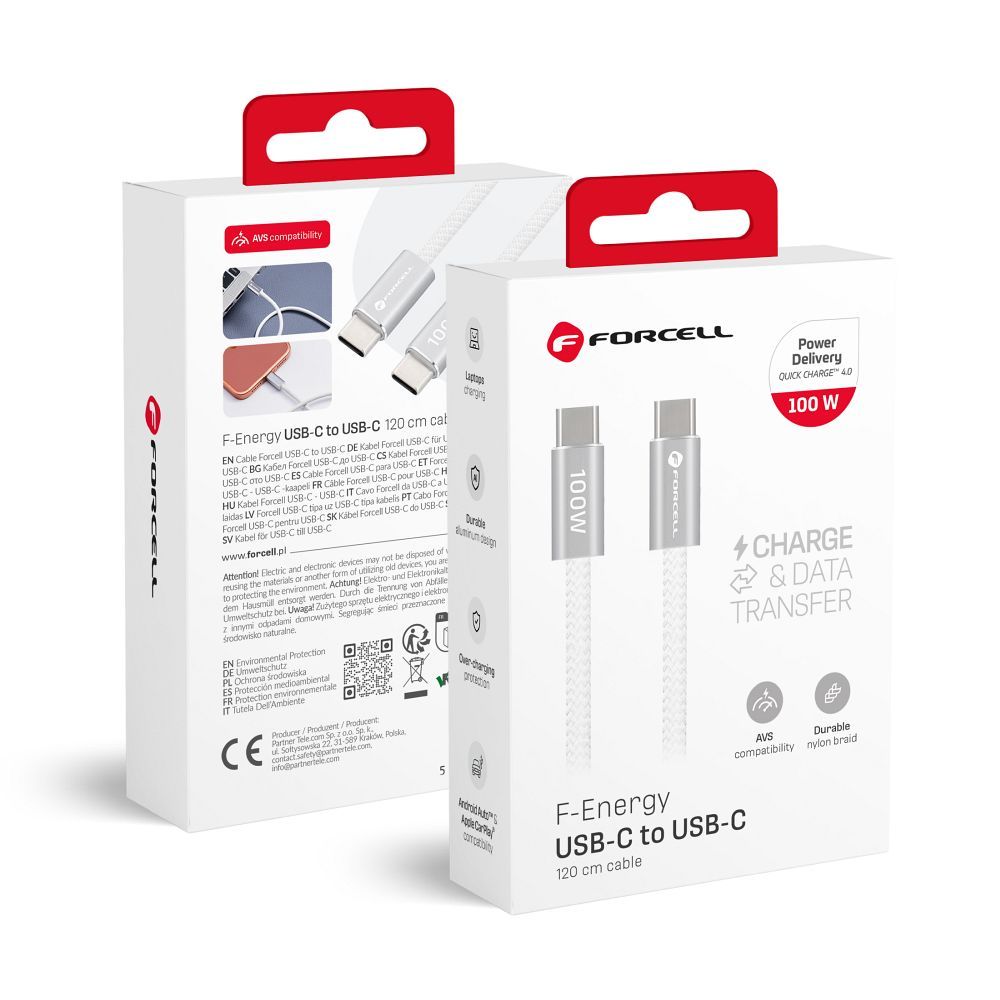 Cable USB C to USB C Forcell F-Energy QC4.0 PD 3A 60W Cafule Color 1,2 m ACYH23 white