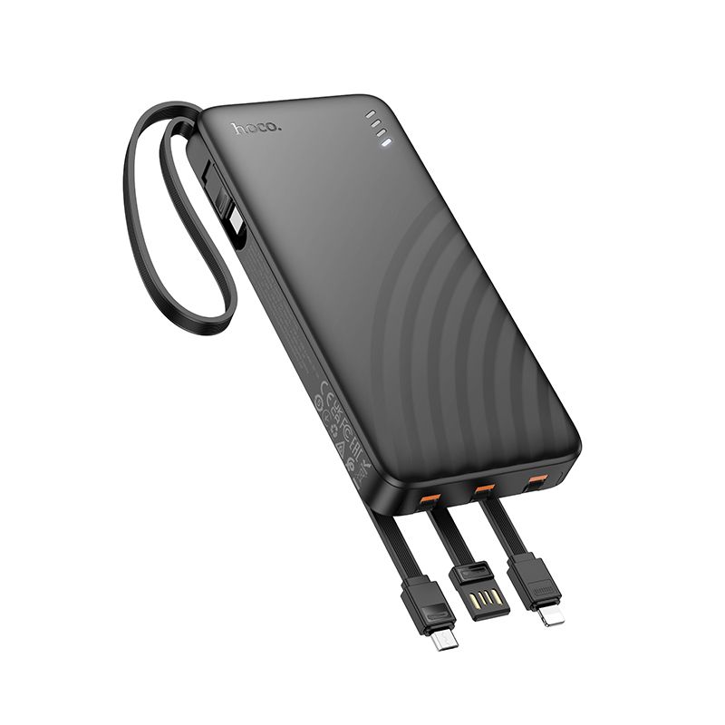 Portatīvais lādētājs Hoco 10000 mAh 2A ar četriem iebūvētiem kabeļiem USB A + USB C + Lightning + Micro USB J146 melns