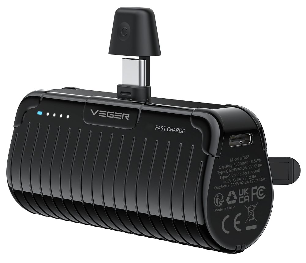VEGER portatīvais lādētājs 5000 mAh ar iebūvētu savienotāju Type C PlugOn PD QC3.0 3A 20W W0558 melna