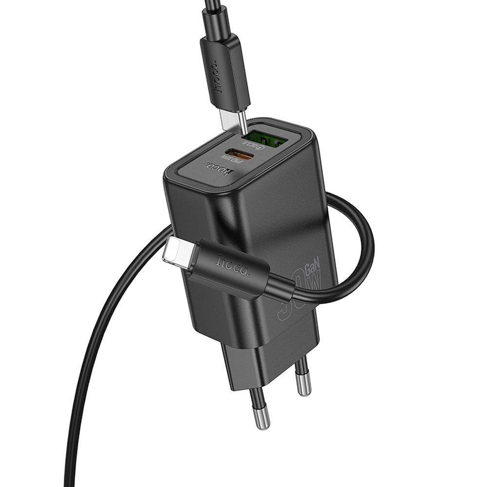 Lādētājs viedtālrunim Hoco USB A + USB C QC3.0 PD 3A 30W + kabelis USB C uz Lightning N63 melns