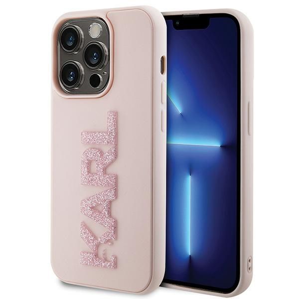 Karl Lagerfeld 3D gumijas spīdīgs logotips viedtālruņa apvalks iPhone 15 Pro - rozā