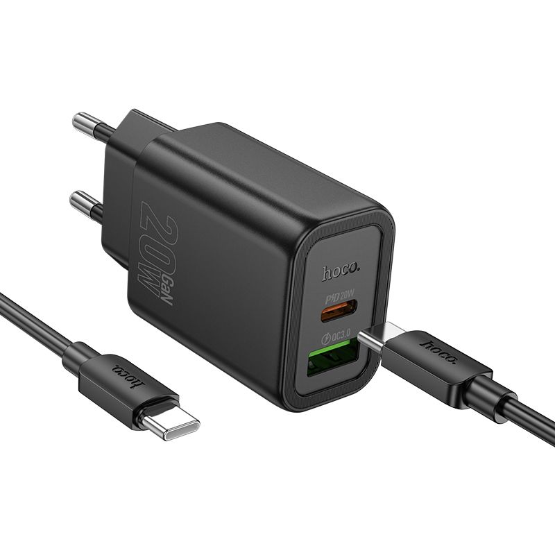 Viedtālruņa lādētājs Hoco USB A + USB C QC3.0 PD 3A 20W + kabelis USB C uz USB C N61 melns