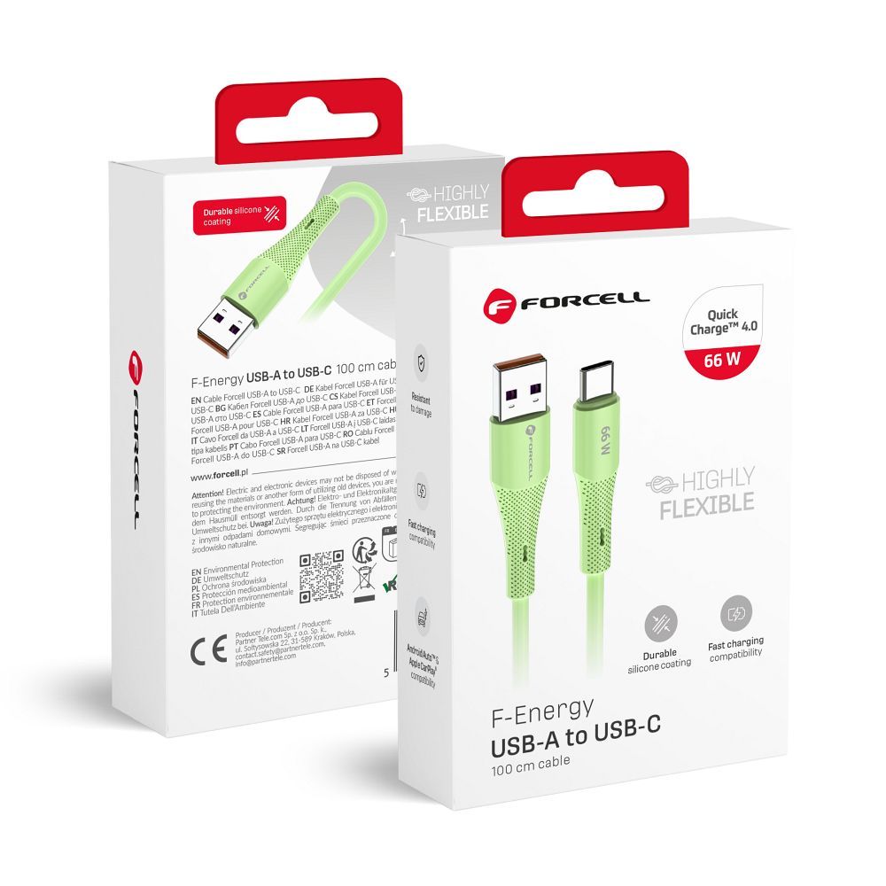 Кабель USB A to USB C Forcell F-Energy QC4.0 3A 66W Silicone 1 m C342 зелёный