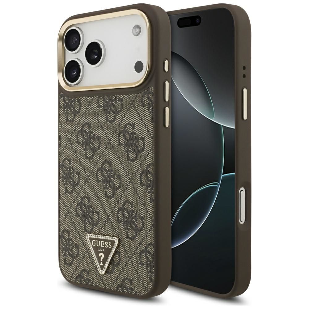Guess 4G trīsstūra logotipa Magnētiskais apvalks iPhone 17 Pro Max - brūns un zelts