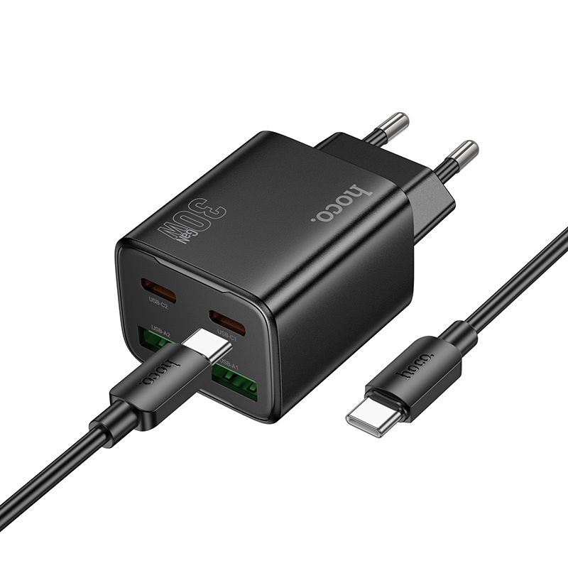 Lādētājs viedtālrunim Hoco 2 x USB C + 2 x USB A QC3.0 PD 3A 30W + kabelis USB C uz USB C N56 melns