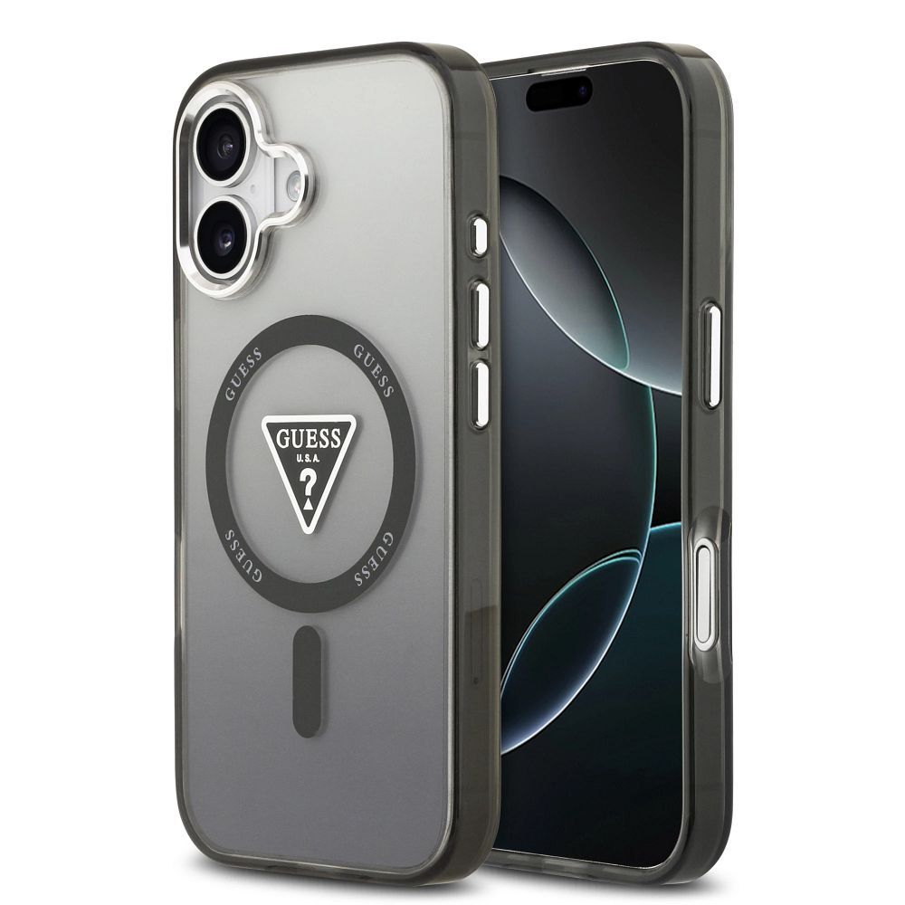 GUESS viedtālruņa apvalks IPHONE 17, saderīgs ar MagSafe GUHMP17SHGTMLCGK (IML krāsu pāreja ar trīsstūra logotipu) melns