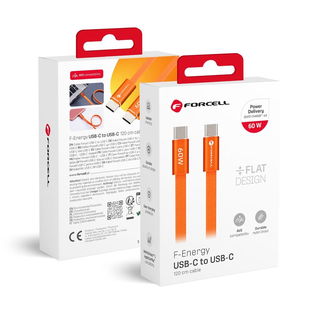 Kabelis USB C uz USB C Forcell F-Energy QC4.0 PD 3A 60W Cafule Flat 1,2 m CCFN23 oranžs