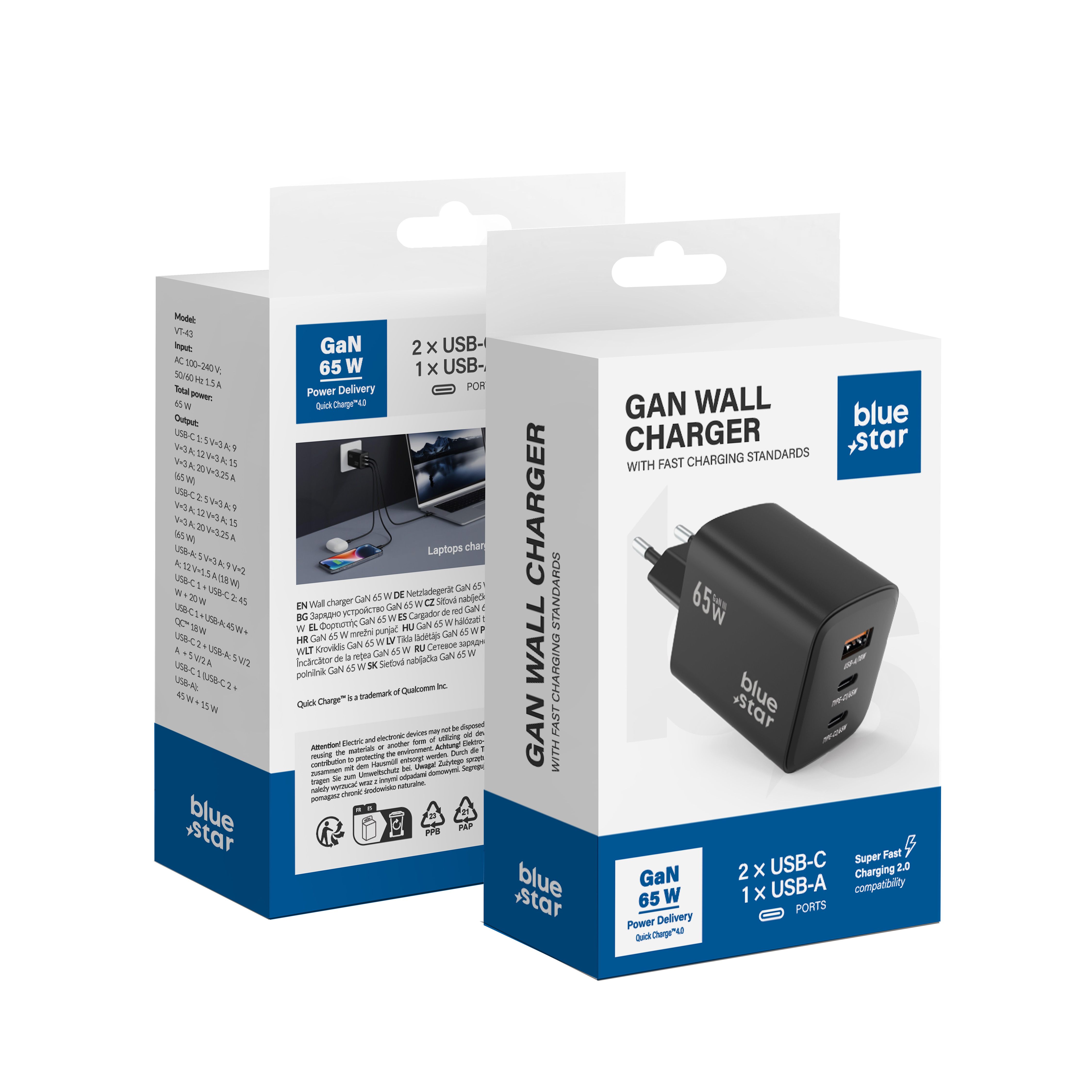 BLUE STAR ceļojumu lādētājs GaN 4A 65W 2 x Type C + USB A PD QC4.0 VT-43 melns