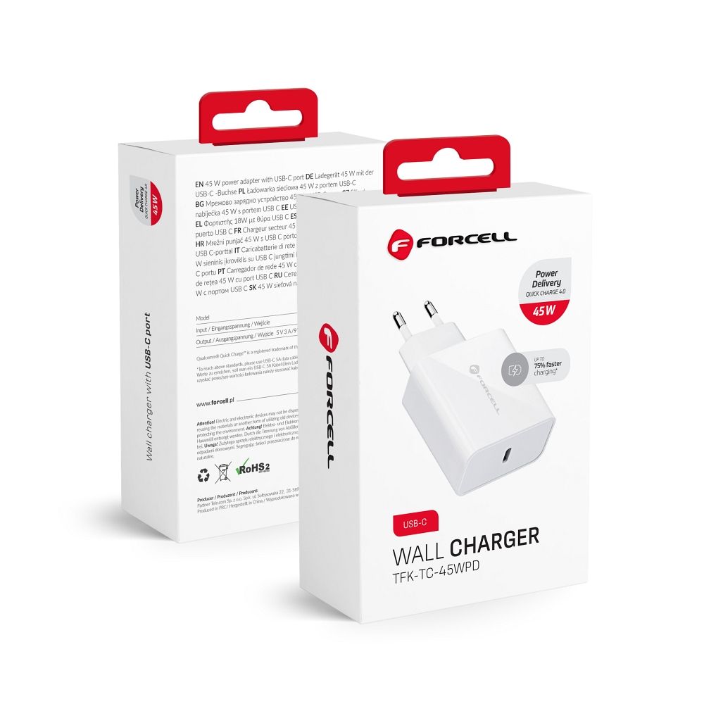 FORCELL F-ENERGY TFK-TC-45WPD ceļojumu lādētājs Type C PD QC4.0 3A 45W balts