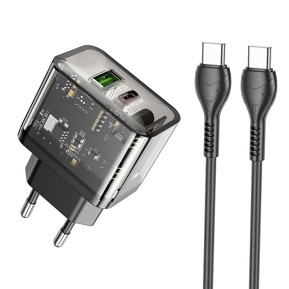Lādētājs viedtālrunim Hoco USB A + USB C QC3.0 PD 3A 20W + kabelis USB C uz USB C N34 caurspīdīgs