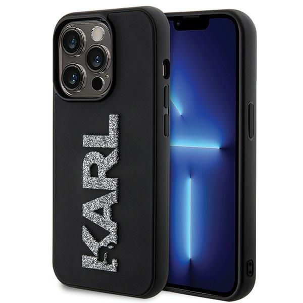 Karl Lagerfeld 3D gumijas spīdīgs logotips viedtālruņa apvalks iPhone 15 Pro Max - melns