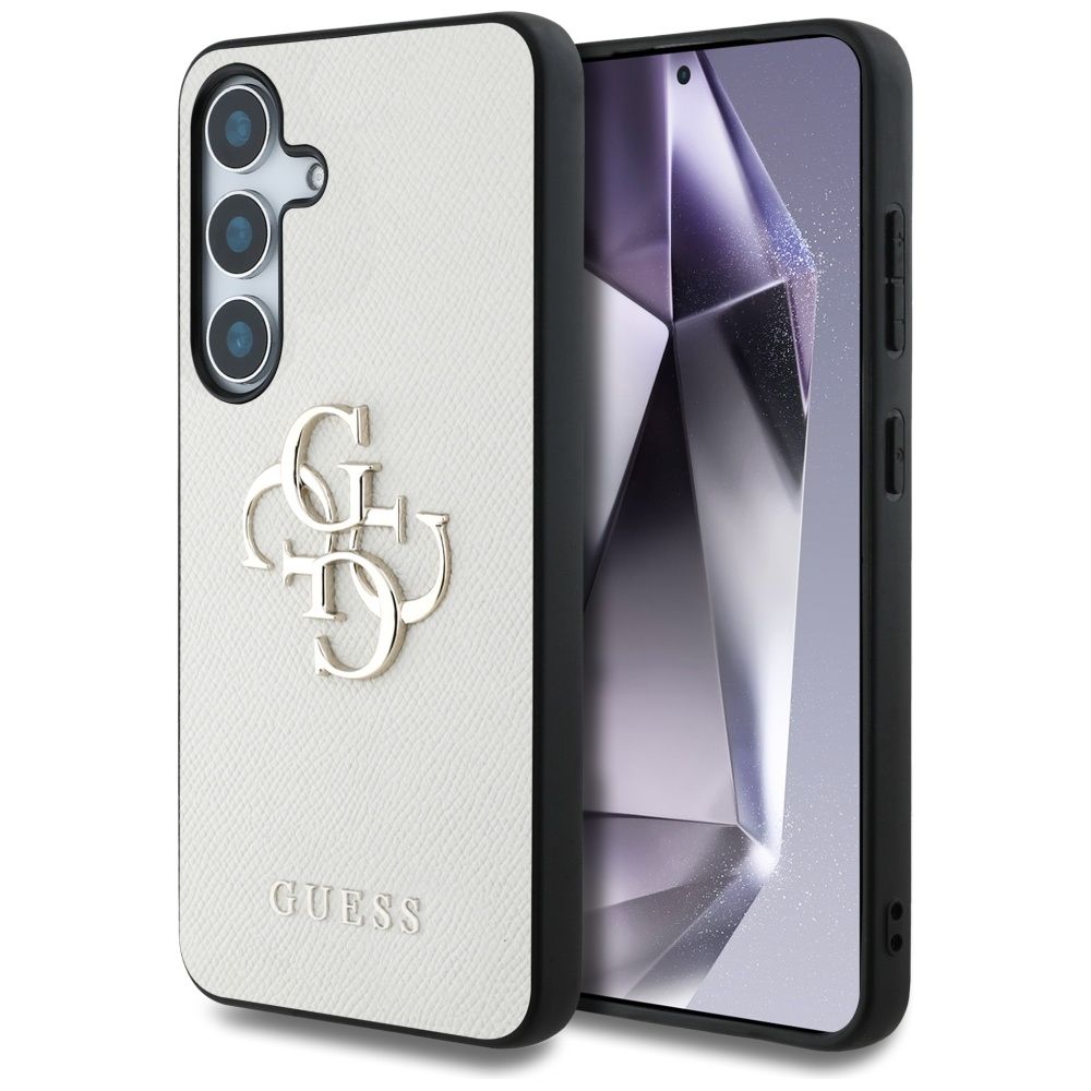 Guess Grained Big 4G Logo Small Classic Logo viedtālruņa apvalks Samsung Galaxy S25 bēšs